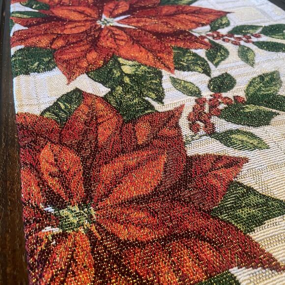 Christmas Poinsettia Metallic Plaid Tapestry Table Runner 13x70 Cream Red NWT - Picture 3 of 9